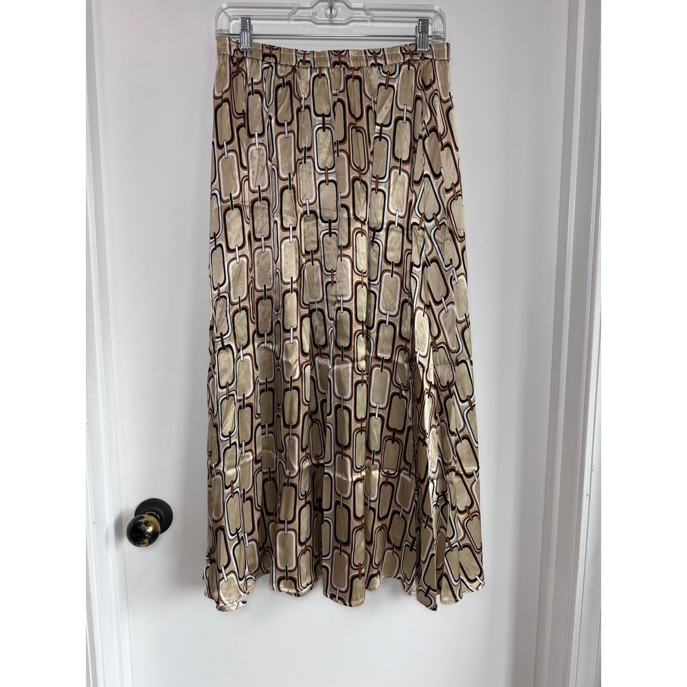 Tahari Women Champagne Gold Chain Link Print Viscose Midi Skirt Elastic Waist M